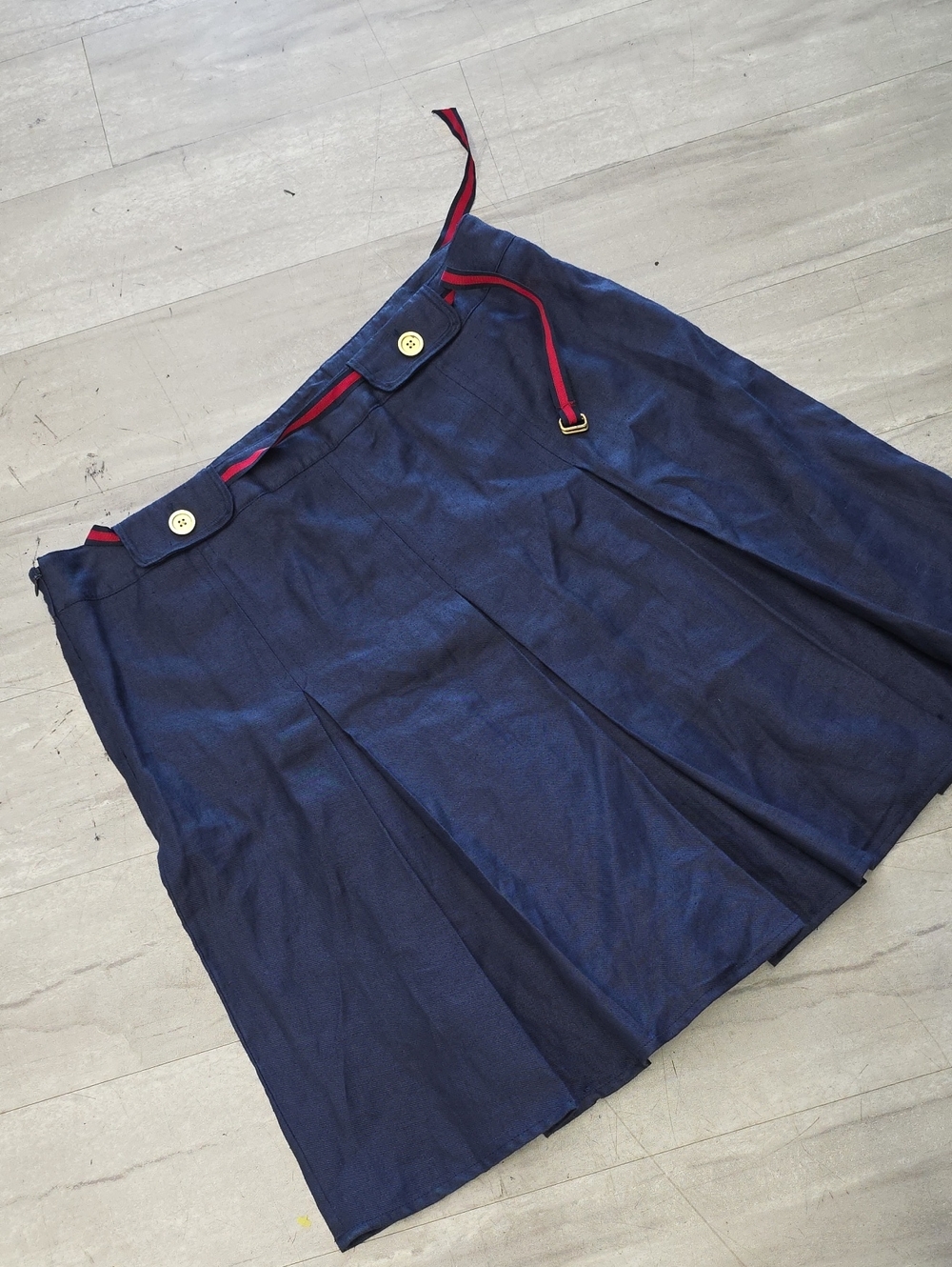 LINEN Navy Mini Skirt with Red Trim and Button Accents Y2K
